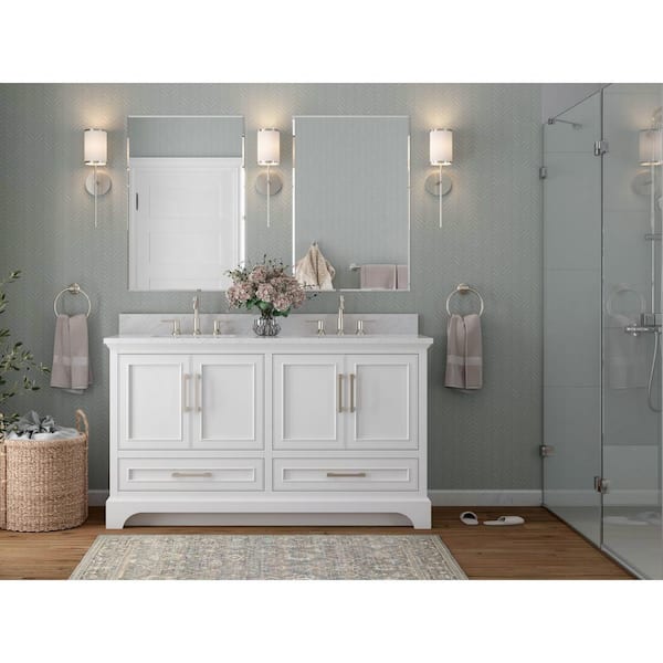 Home Decorators Collection Lareda 60 in. W x 22 in. D x 35 in. H Double Sink Freestanding Bath Vanity in White with Carrara Marble Top