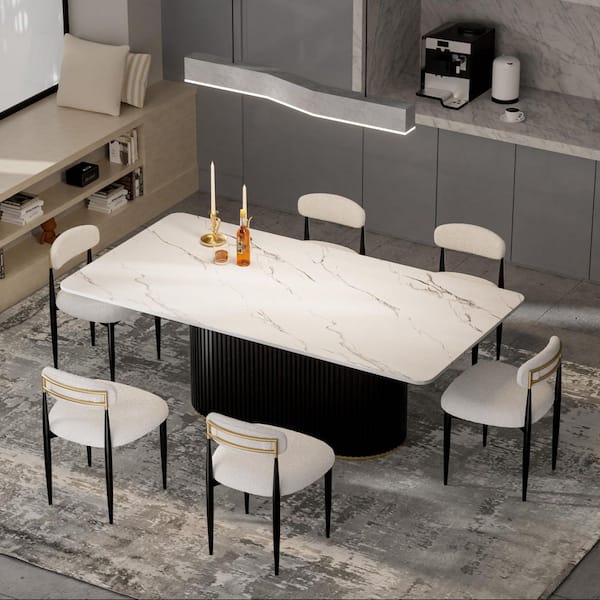 Modern 7-Piece Faux Marble Dining Table Top with Boucle Armless Chairs in White Dining Room Set for Kitchen