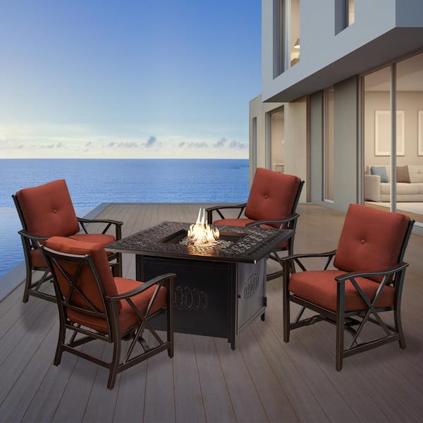 Oakland Living Copper 5-Piece Aluminum Patio Fire Pit Deep Seating Set with Red Cushions