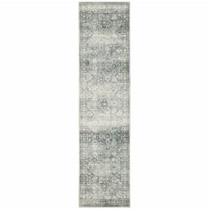 2' X 8' Blue Ivory And Grey Oriental Power Loom Stain Resistant Runner Rug