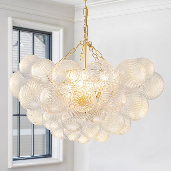 6 Light Gold Chandeliers with Ribbed Globe Glass