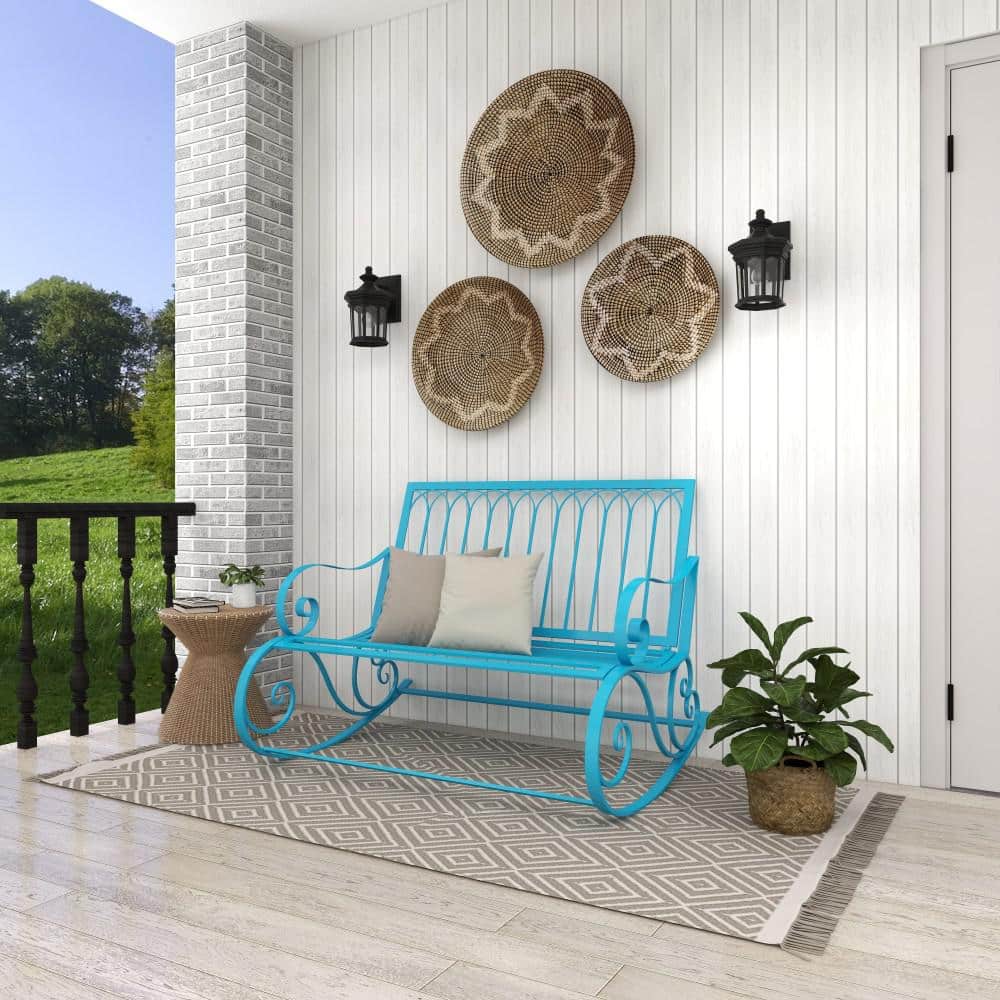 Teal Metal Rocking Outdoor Bench with Scrolled Armrests