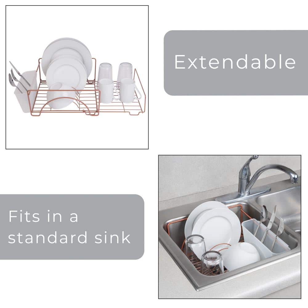 Rose Gold Expandable Metal Dish Drainer with Utensil Cup
