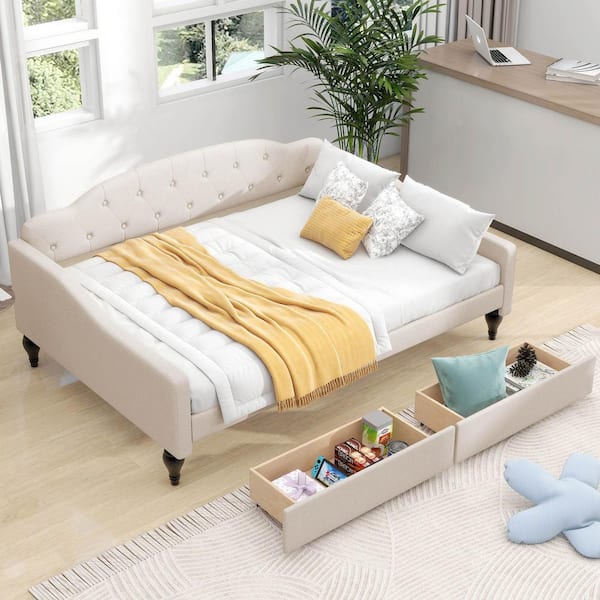 Polibi Beige Full Size Upholstered Tufted Daybed with Two Drawers