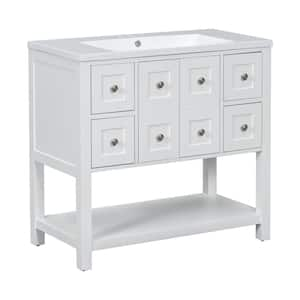 36 in. W x 18 in. D x 34 in. H Single Sink Bath Vanity in White with White Resin Top, 4-Drawers and Open Shelf