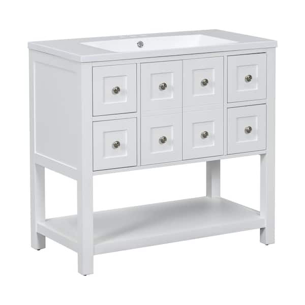 Zeus & Ruta 36 in. W x 18 in. D x 34 in. H Single Sink Bath Vanity in White with White Resin Top, 4-Drawers and Open Shelf