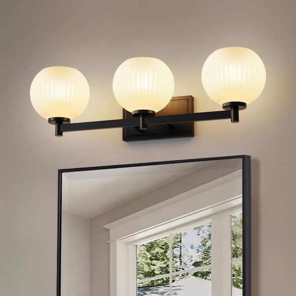 YANSUN 25 in. 3-Light Black Vanity Light with Globe Glass Shades for Bathroom, Mirror, Living Room