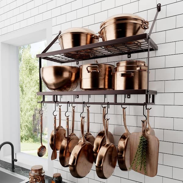Oiled Bronze 30 in. Wall Mount Rectangular Pot Rack for Kitchen 2-Tier with 12-Hooks