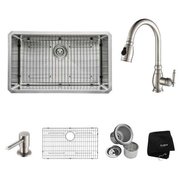 KRAUS All-in-One Undermount Stainless Steel 30 in. Single Bowl Kitchen Sink with Faucet and Accessories in Stainless Steel