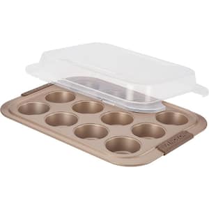 12 Cup Steel Durable Nonstick Covered Cupcake and Muffin Pan in Brown Easy Cleanup With Silicone Grips and Plastic Lid