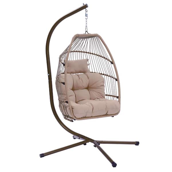SUNRINX 42 in. Outdoor Patio Wicker Folding Hanging Chair Rattan Swing Hammock Egg Chair With Khaki Cushion and Pillow
