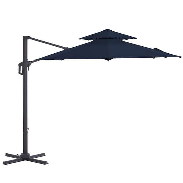PASAMIC 12 ft. 2-Tier Aluminum Patio Offset Umbrella Cantilever Umbrella, Fade Resistant and 6-Level 360°Rotation in Navy Blue