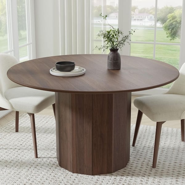 Cylindrical Walnut Colored Wood 52 in. Column Base Round Edge Dining Table for 6