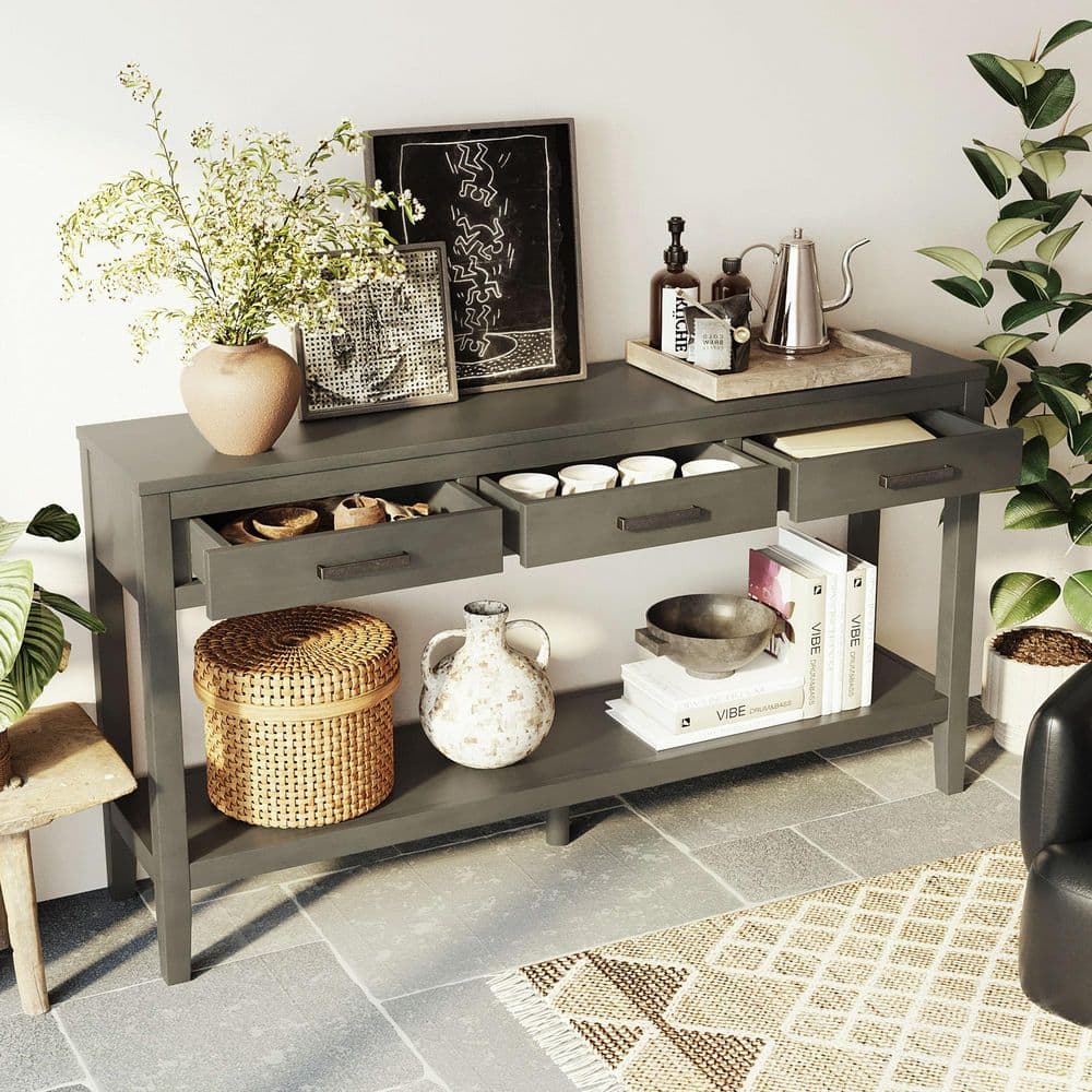 Noble House Sorrelle Modern 59.1 in. Gray Rectangle MDF Console Table ...