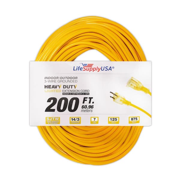 LifeSupplyUSA 200 ft. 14/3 SJTW Full Copper 7 Amp 125-Volt 875-Watt Lighted End Indoor/Outdoor Extension Cord