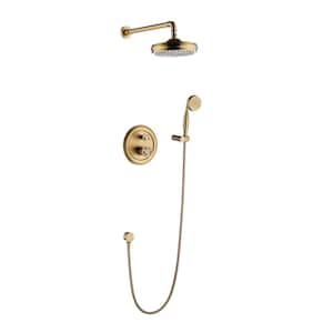 Double-Handle 1-Spray Wall Mount Shower Faucet 1.8 GPM with Ceramic Disc Valves Brass Shower Faucet Set in. Brushed Gold