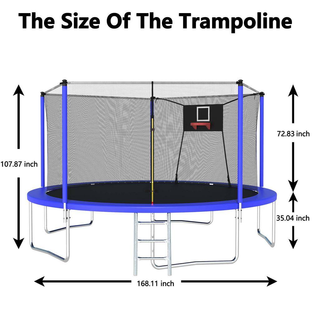 14 ft Blue Round Outdoor Trampoline with Enclosure Net and Ladder