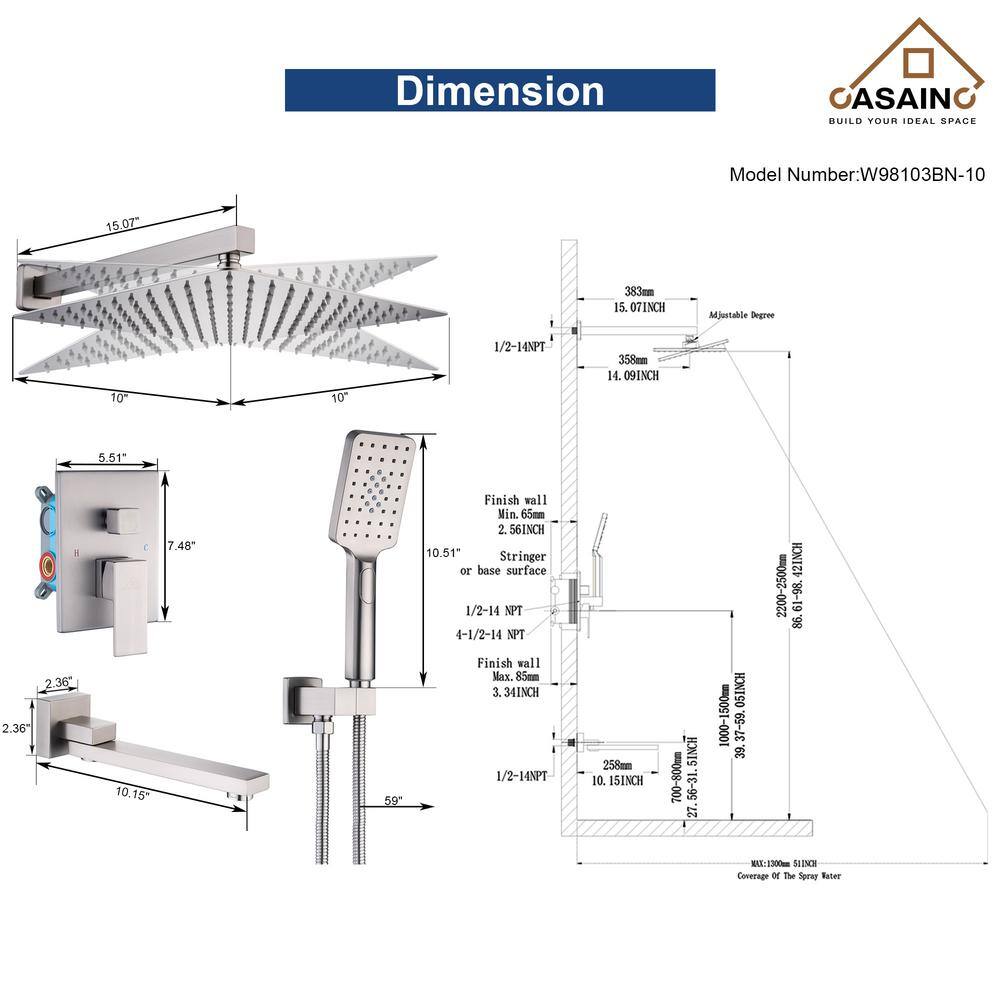 Brushed Nickel Wall Mounted Square Rain Shower System with Handheld