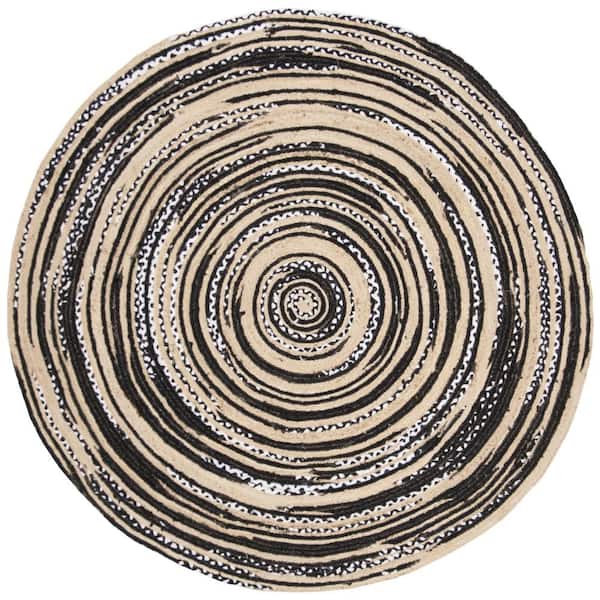 SAFAVIEH Cape Cod Black/Ivory 5 ft. x 5 ft. Round Striped Area Rug