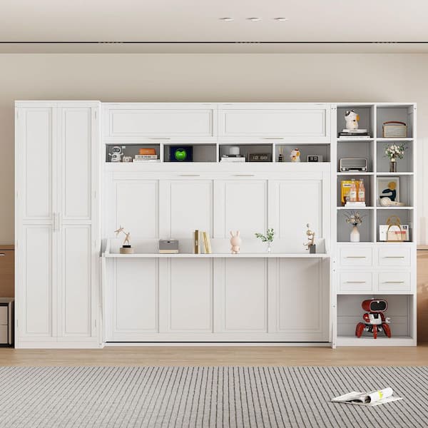 White Wood Frame Queen Size Murphy Bed with Closet, Drawers and Shelves