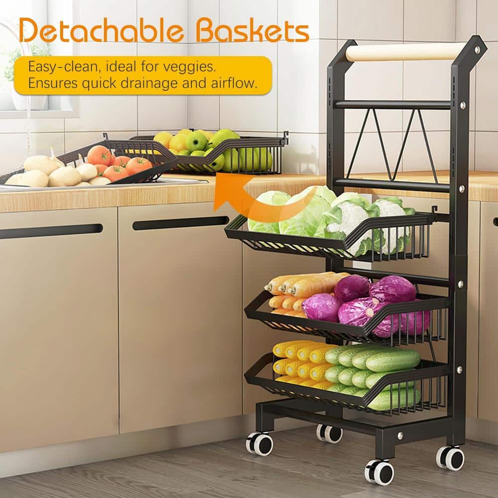 Black Metal and Wood 5-Tier Rolling Kitchen Cart with Mesh Baskets