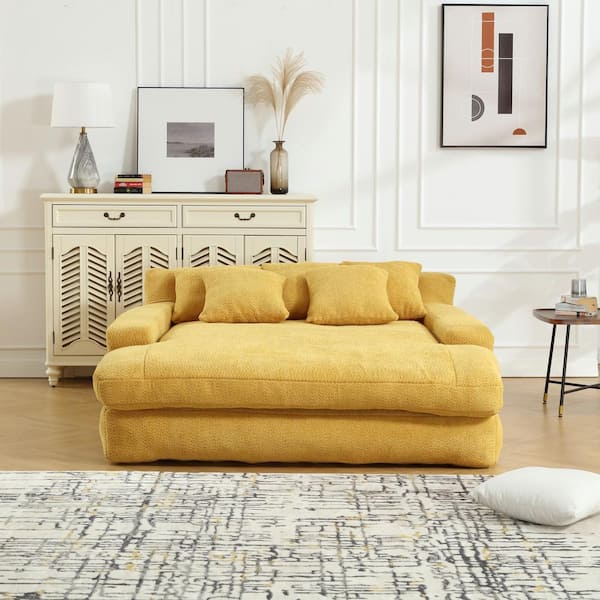 HOMEFUN 58 in. Yellow Chenille Modern Twin Size Sofa Bed 2-Seersucker Deep Seat Lazy Sleeper Sofa Bed with 5-Back Pillows