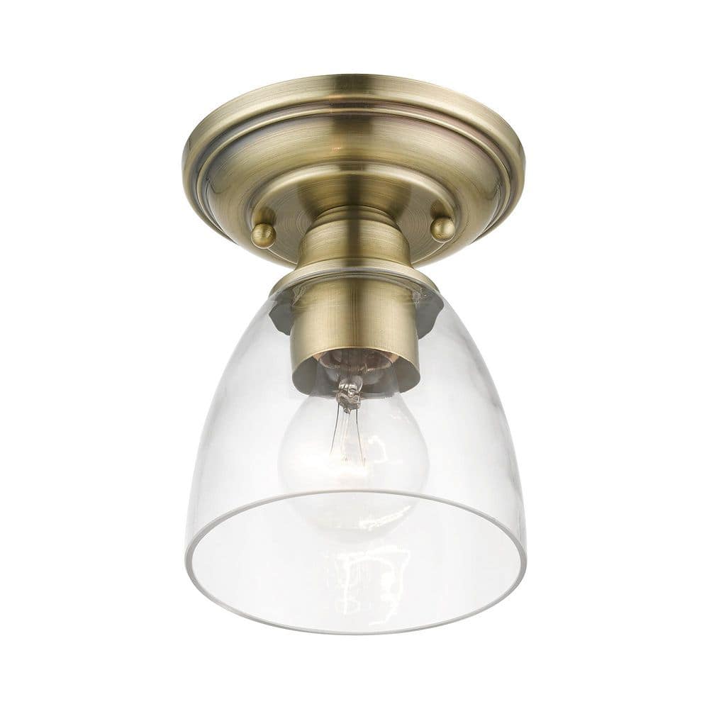 Antique Brass Elegance 1-Light Flush Mount with Hand-Blown Clear Glass