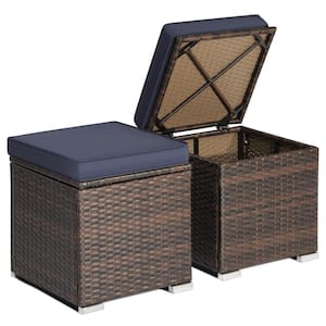 Wicker Outdoor Ottoman Multi-Purpose Footstool Storage Box Side Table with Removable Navy Cushions (2-Pack)