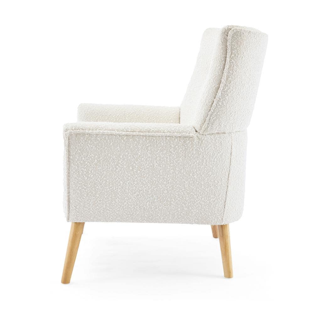 Contemporary White Boucle Upholstered Club Chair with Natural Wood Legs