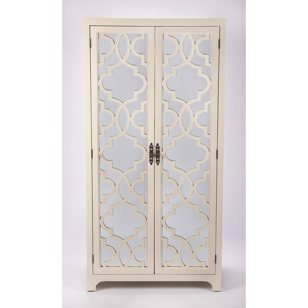 Elegant White Mirrored Armoire with Trellis Pattern and Brass Handles