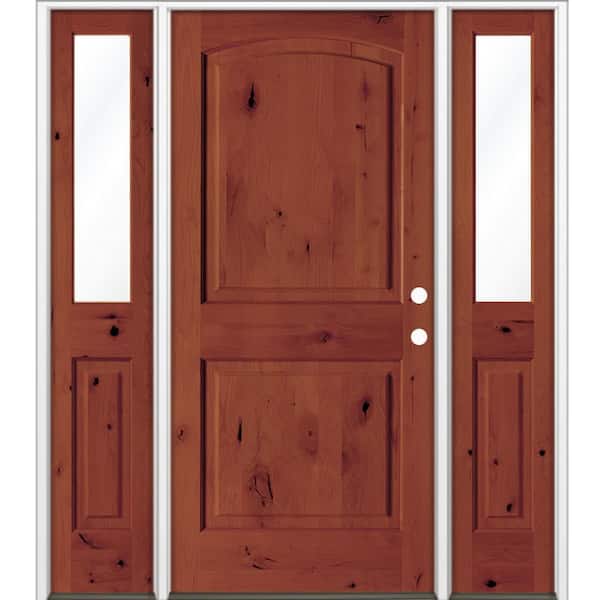64 in. x 80 in. Knotty Alder 2-Panel Arch Left-H and/Inswing Clear Glass Amaretto Stain Wood Prehung Front Door W/DHSL