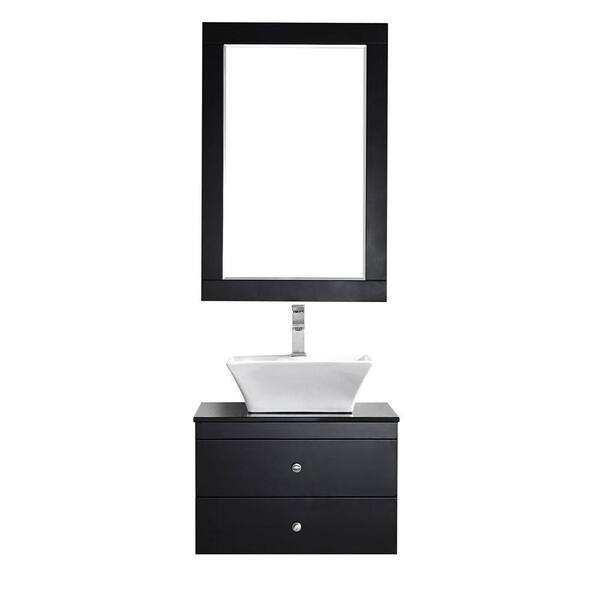 Vinnova Ravenna 24 in. W x 22 in. D x 16 in. H Vanity in Espresso with Glass Vanity Top in Black with Basin and Mirror