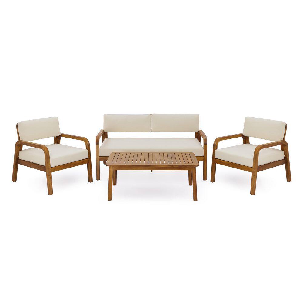 Glenn 4-Piece Acacia Wood Patio Outdoor Conversation Set with Beige Cushions, Loveseat & Chairs, Teak Coffee Table