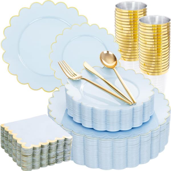 210-Piece Light Blue and Gold Disposable Dinnerware Set with Plates Cups Napkins Silverware for 30 Guests