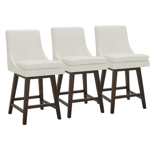 Spruce & Spring Fiona 26.8 in. Pure White High Back Solid Wood Frame Swivel Counter Height Bar Stool with Faux Leather Seat(Set of 3)