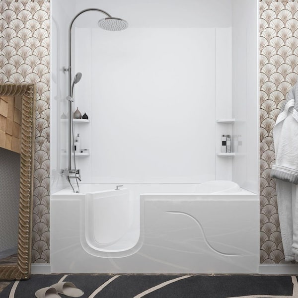 Rampart Wall Series 30 in. x 60 in. Left Side Drain Soaking Bathtub in White with Matching Smooth Shower Wall Kit