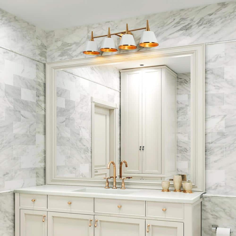 Idaikos 29" Polished Gold and White 4-Light Vanity Light Bar