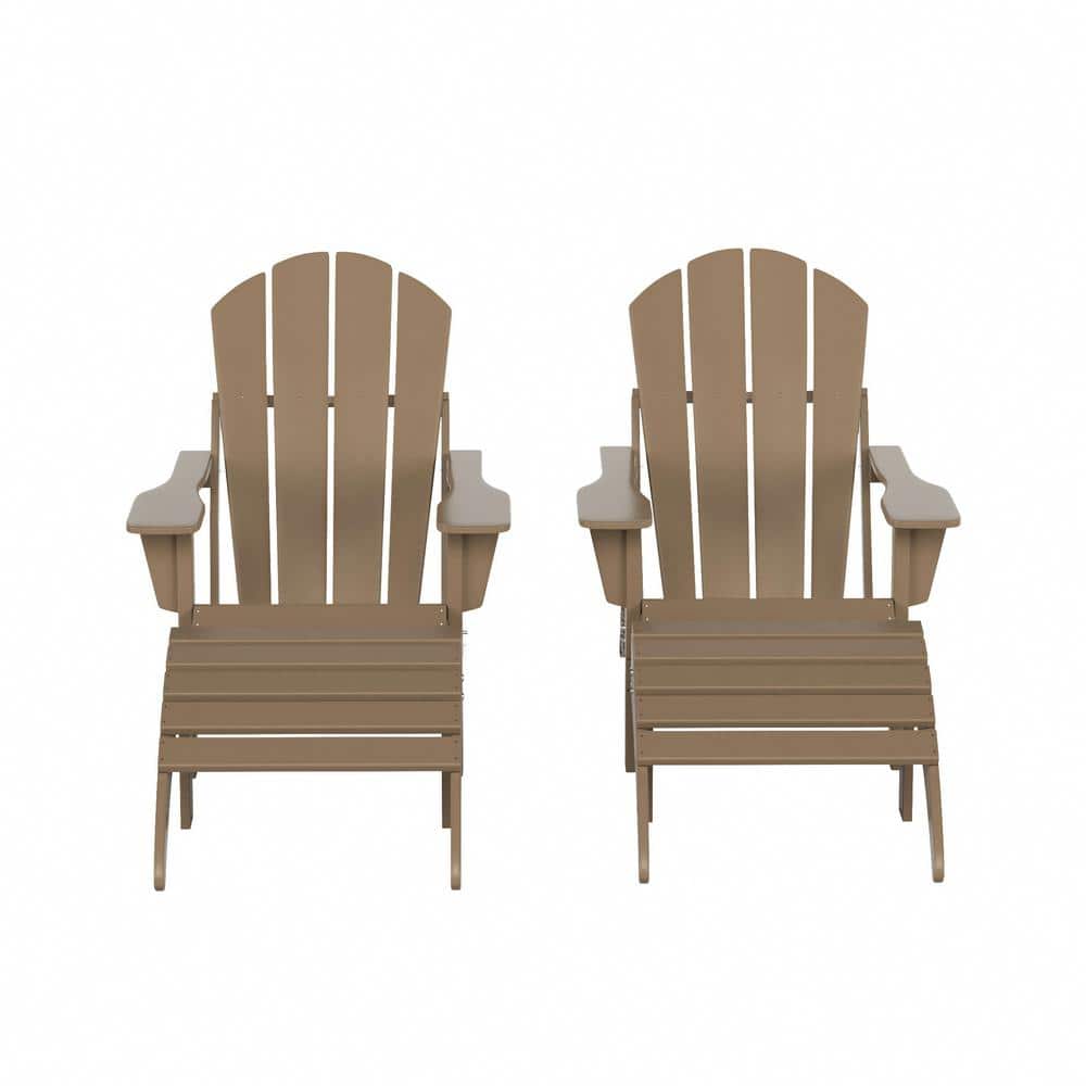 Teak All Weather Poly Outdoor Adirondack Chair Set with Ottomans