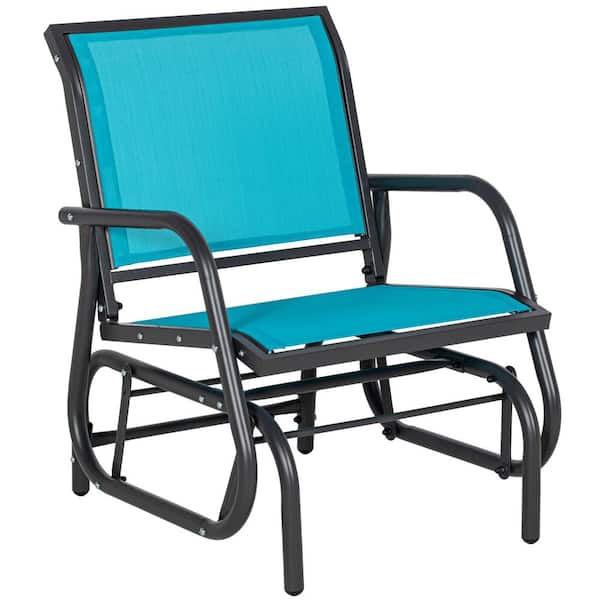 Outsunny Blue 26 in. Metal Outdoor Porch Glider with Breathable Mesh Fabric and Curved Armrests