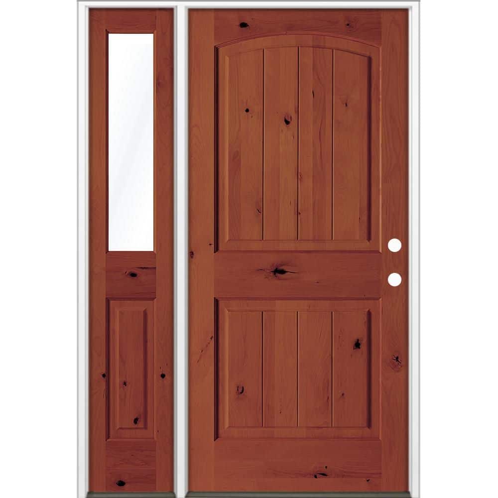 56 in. x 80 in. Knotty Alder Arch Top Left-Hand/Inswing Clear Glass BEHR Amaretto Stain Wood Prehung Front Door w/ LHSL price history on PriceWatchPro