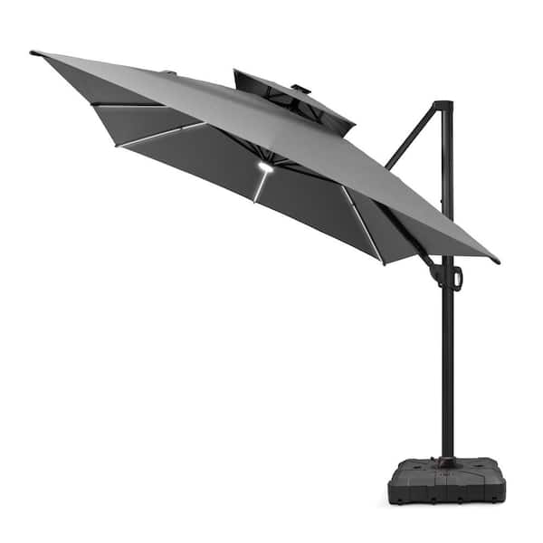 13 ft. x 10 ft. Solar LED Patio Umbrella Windproof 360° Swivel Offset Cantilever Umbrella with Base in Dark Gray