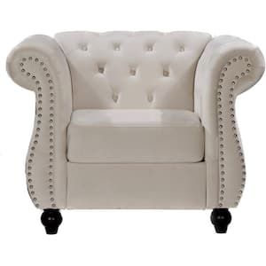 Feinstein 40.6 in. Ivory Velvet Upholstered Chesterfield Arm Chair