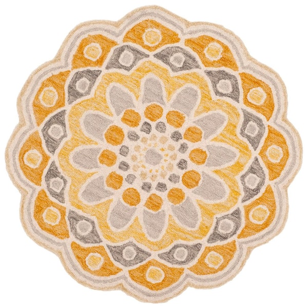 Novelty 3 ft. x 3 ft. Gray/Gold Floral Round Area Rug