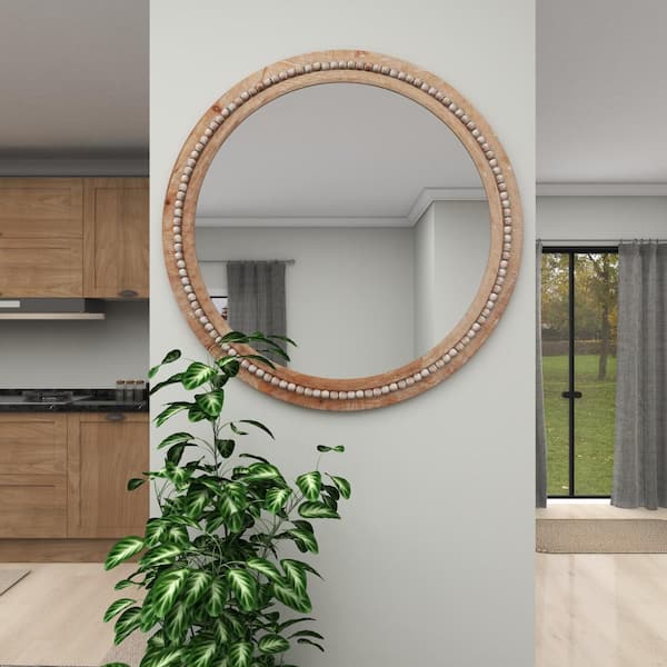 Litton Lane 36 in. x 36 in. Distressed Round Framed Light Brown Wall Mirror with Beaded Detailing