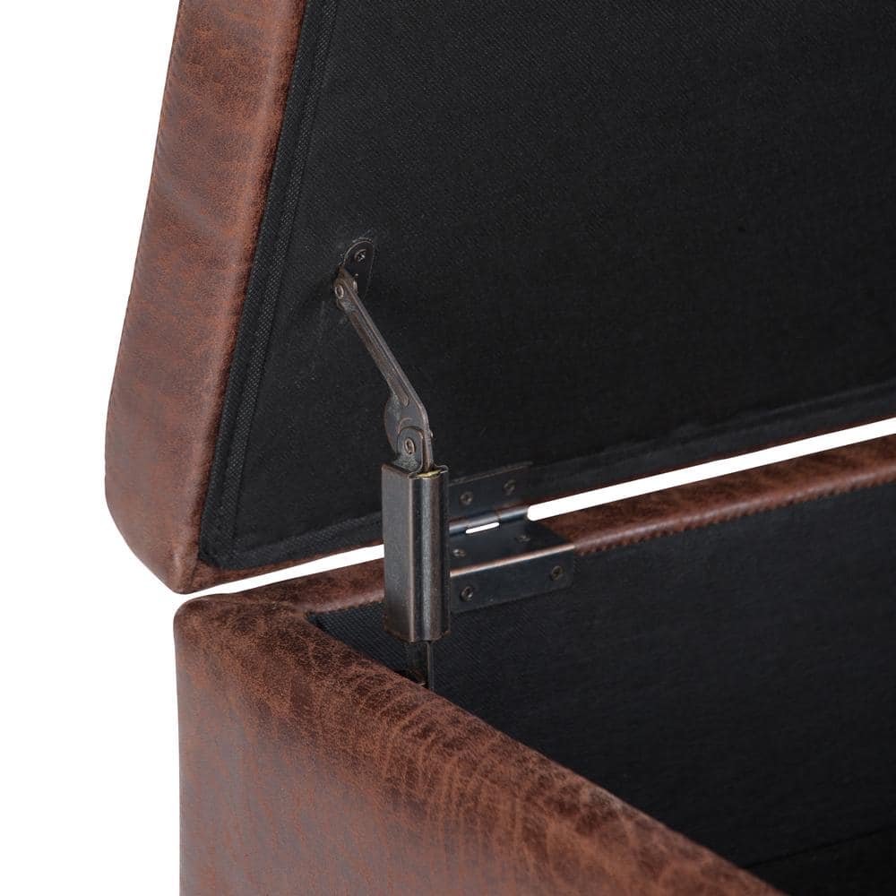 Distressed Saddle Brown Wood Storage Ottoman with Hydraulic Lift