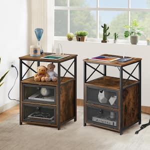 Brown Nightstands Set of 2-with USB Ports and Outlets, 24 in. Nightstand with Storage Shelf, Side Table for Living Room