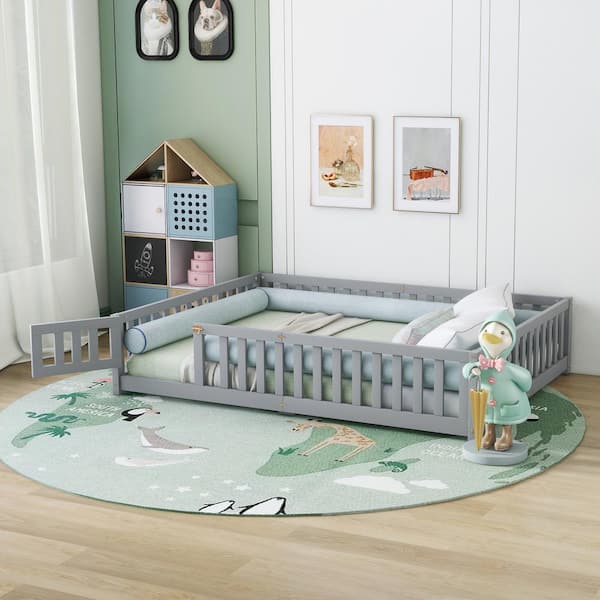 Harper & Bright Designs Gray Wood Frame Queen Size Floor Bed, Platform Bed with Fence and Door