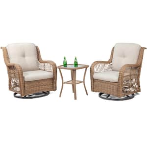 3 Piece Wicker Yellow Swivel Outdoor Rocking Chairs Sets of 2 and Matching Side Table with Beige Premium Fabric Cushions