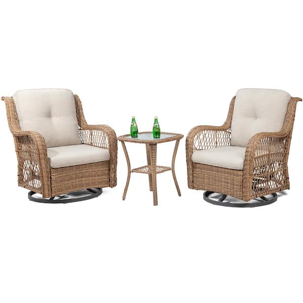 Unbranded 3 Piece Wicker Yellow Swivel Outdoor Rocking Chairs Sets of 2 and Matching Side Table with Beige Premium Fabric Cushions
