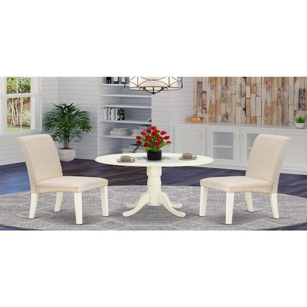 East West Furniture 3-Piece Round Buttermilk and Cherry Finish Solid Wood Top Dining Table with 2-Parson Chairs with Drop Leaf Lattice Back
